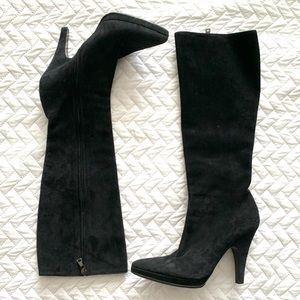 Prada black suede pointy toe knee high boots, 7.5